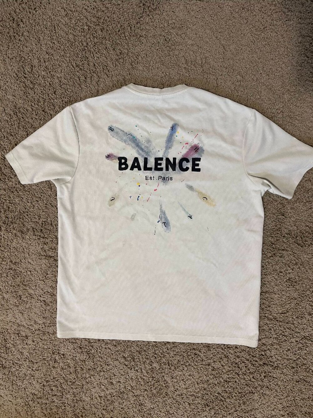 BALENCE Est. Paris Men's XL White Graphic T Shirt Paint Splatter Back Print
